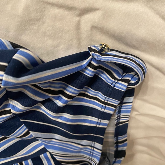 BLOUSE Roz & Ali Blue White Navy Striped V Neck top Short Sleeve Gold zipper CL - Picture 3 of 8